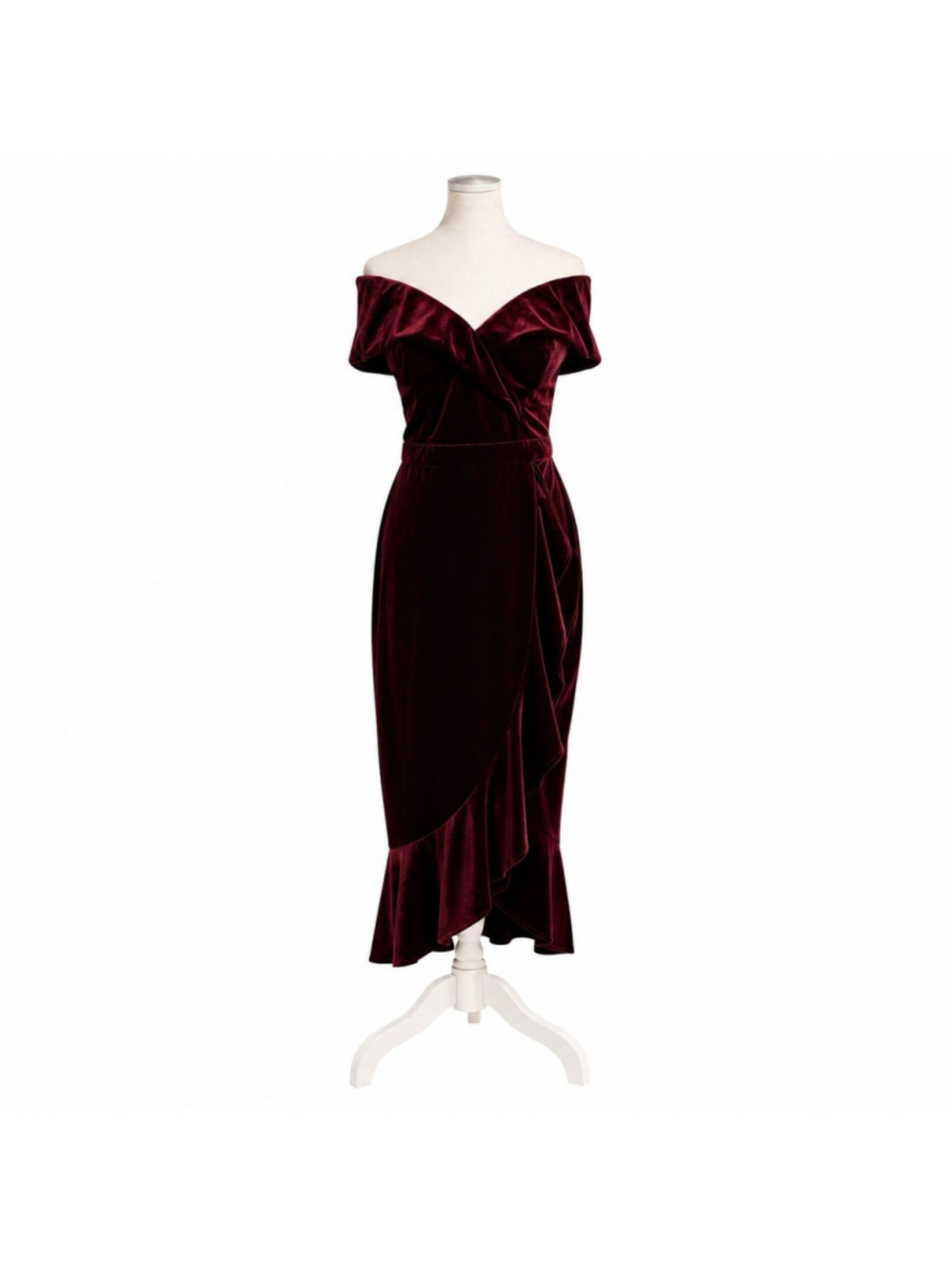 Xscape Velvet Off the Shoulder Burgundy Ruffle Midi Evening Gown Dress 6